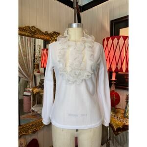 vintage 1970s white polyester blouse chiffon ruffles high neck retro mod s 34